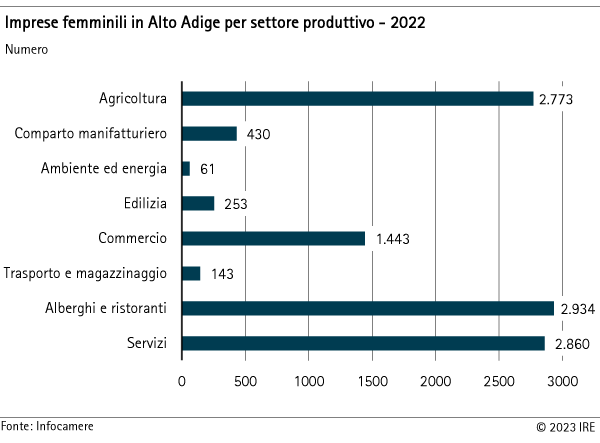 Imprese femminili in Alto Adige per settore produttivo - 2022